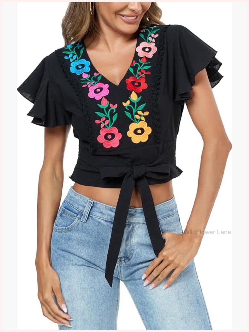 Boho Embroidered Peasant Crop Top V Neck Ruffle Short Sleeve Blouse